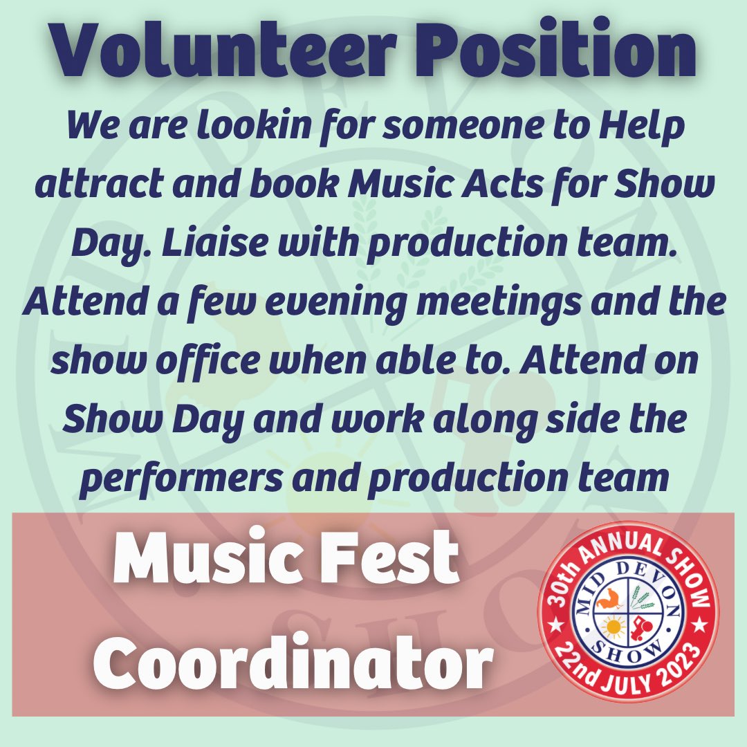 VOLUNTEERS
The show only exists with the support of people like you 🫵🏻
We are looking for someone to look after our music area - Could it be you?
Click the following link and get involved with one of most exciting shows in the South West

middevonshow.co.uk/volunteers/