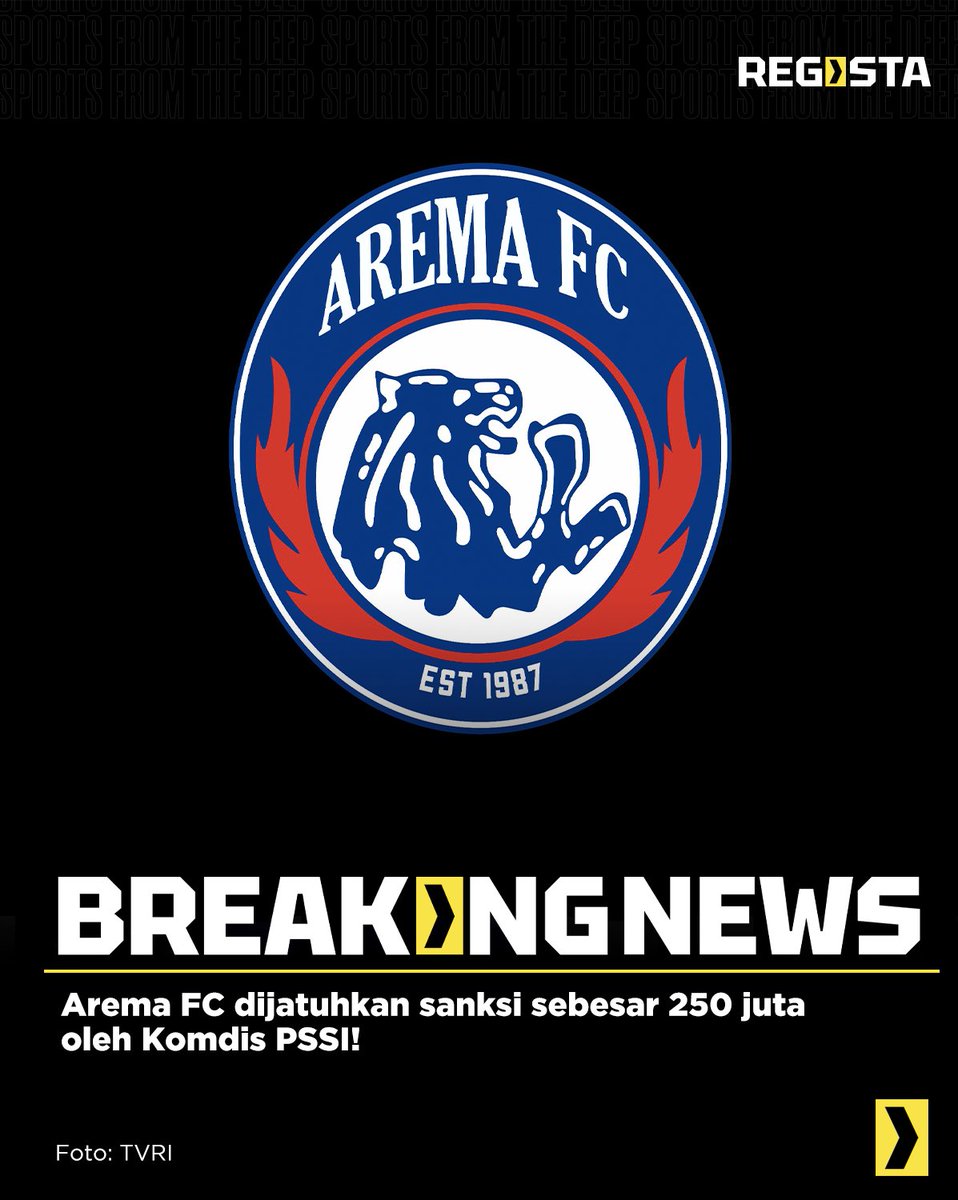 🚨 BREAKING NEWS 🚨

Arema FC dijatuhkan sanksi berupa denda sebesar 250 juta, serta tidak dapat bermain di Malang dengan jarak 250 KM dari Malang di sisa kompetisi.

Plus, panpel dan tim keamanan dilarang beraktivitas di lingkungan sepak bola seumur hidup.