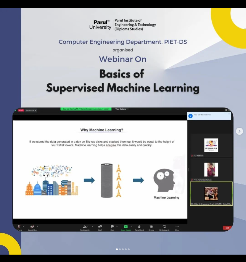 A webinar was organized by Computer Engineering Department, PIET-DS on ' Basics Of supervised machine learning '

Speaker : MR. Utkarsh Shrivastava, Analyst (AL/ML) Global markets division at Deloitte USI Consulting

#engineering #diplomapu #machine #learning #paruluniversity