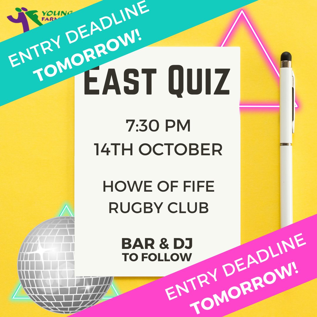 The Entry Deadline for East Senior Quiz is TOMORROW! Entry Forms have been emailed out to club secretaries so contact them or a member of your club committee to get involved! There will be a bar and DJ to follow on the night! bit.ly/3xYdOlh #youngfarmersis #quiz