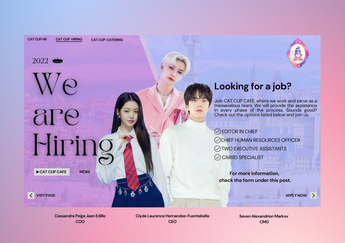 Cat Cup Café is again opening its doors for the search of new executive members to fill in, to work in harmony with the current purrtastic team, and to play with our kitties. 

If you see positions that piqued your interests in the poster below, do check the next tweet to apply.