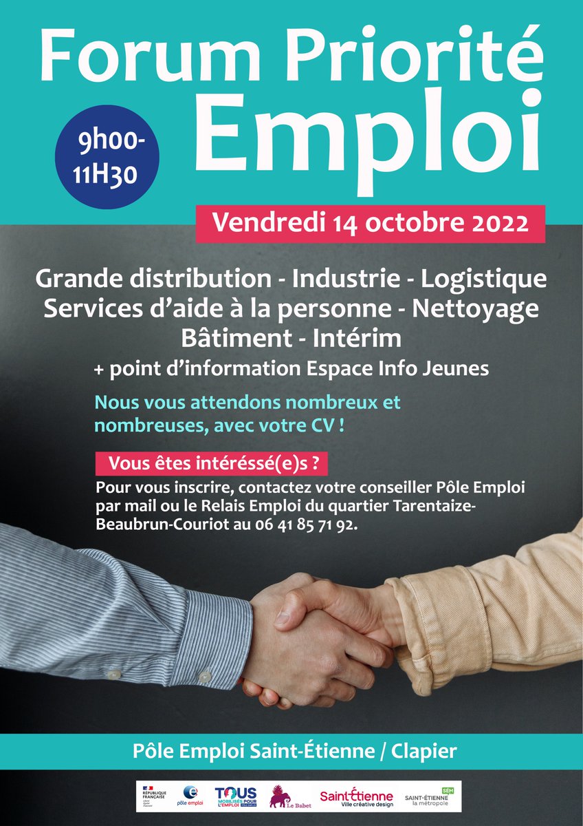 Place au #Recrutement avec le forum PRIORITE EMPLOI du 14/10 organisé par le Pôle Emploi Clapier et le centre social du babet. 👉à la clé de nombreuses offres d'emploi dans tous secteurs.