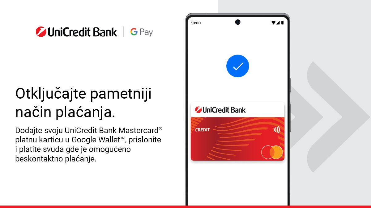 Google Pay™ je brz i jednostavan način za beskontaktno plaćanje. Od danas uz Mastercard® kartice UniCredit Banke platite bezgotovinski u samo par sekundi. Kupovina nikada nije bila lakša i brža! Saznajte više: bit.ly/3M36t9Y