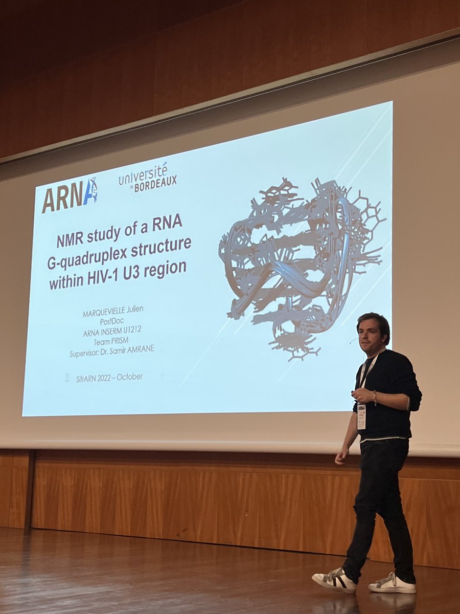 arna_lab's tweet photo. Julien Marquevielle (ARNA lab) PhD student in the PRISM team @cdmackereth, NMR studies of RNA G-quadruplex @iecb_bordeaux #SifrARN2022 https://t.co/LJ0KXnlJuJ