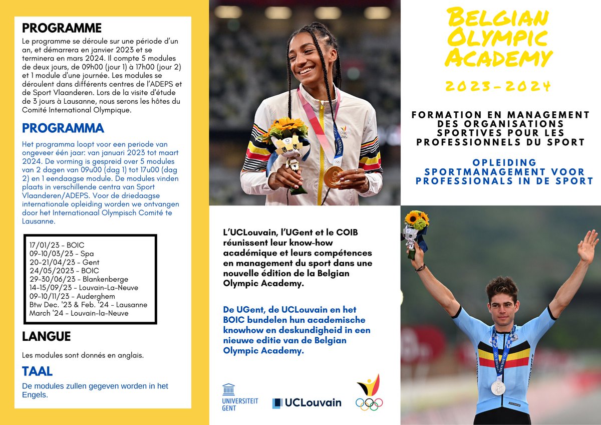 SMUCLouvain's tweet photo. You are working in the sport industry and interested in sport management?
You want to improve your skills and your knowledge in this field?
Discover the Belgian Olympic Academy, an inter-university certificate organised by @SMUCLouvain  @Sportmana_UGENT and @teambelgium. https://t.co/TRvU701VmD