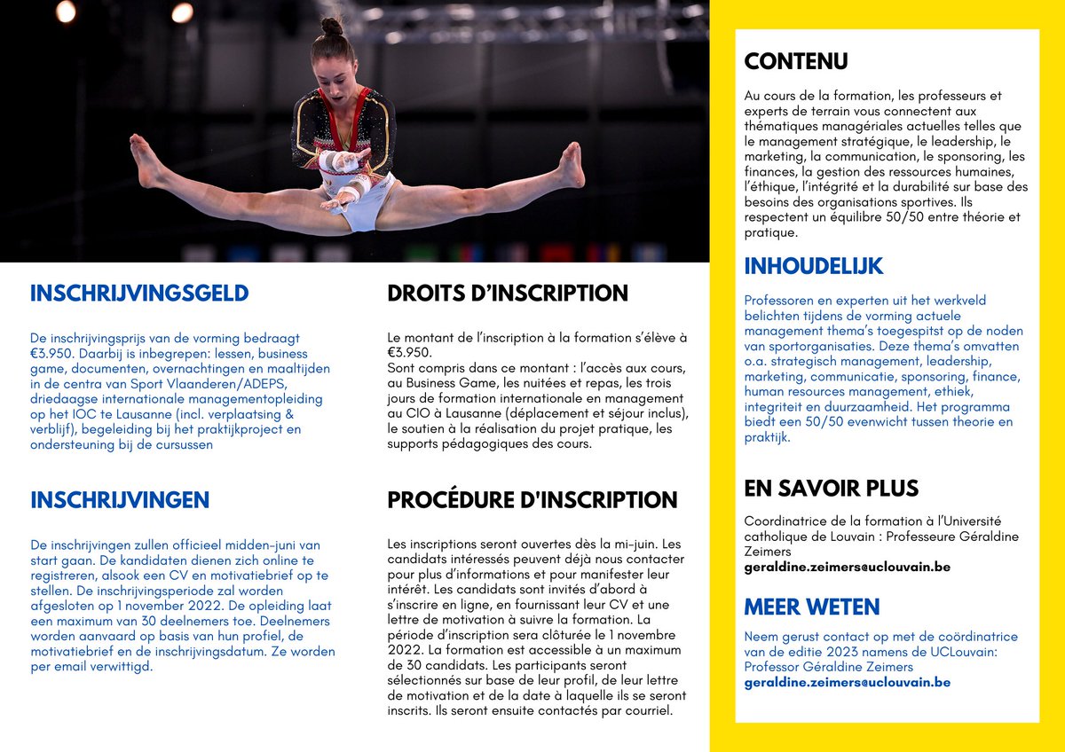 You are working in the sport industry and interested in sport management?
You want to improve your skills and your knowledge in this field?
Discover the Belgian Olympic Academy, an inter-university certificate organised by <a href="/SMUCLouvain/">Sport Management UCLouvain</a>  <a href="/Sportmana_UGENT/">SportmanagementUGent</a> and <a href="/teambelgium/">Team Belgium</a>.