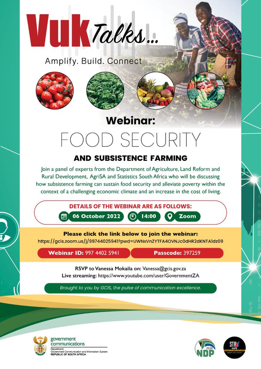 GCISWesternCape's tweet photo. 🚨[WEBINAR]: FOOD SECURITY AND SUBSISTENCE FARMING 

Join a panel of experts from @DALRRDgov_ZA, @AgriSA1904 &amp; @StatsSA who will be discussing how #subsistencefarming can sustain #foodsecurity and alleviate poverty within the context of a challenging economic climate. 

Details👇🏽 https://t.co/GS4PHXSPfR