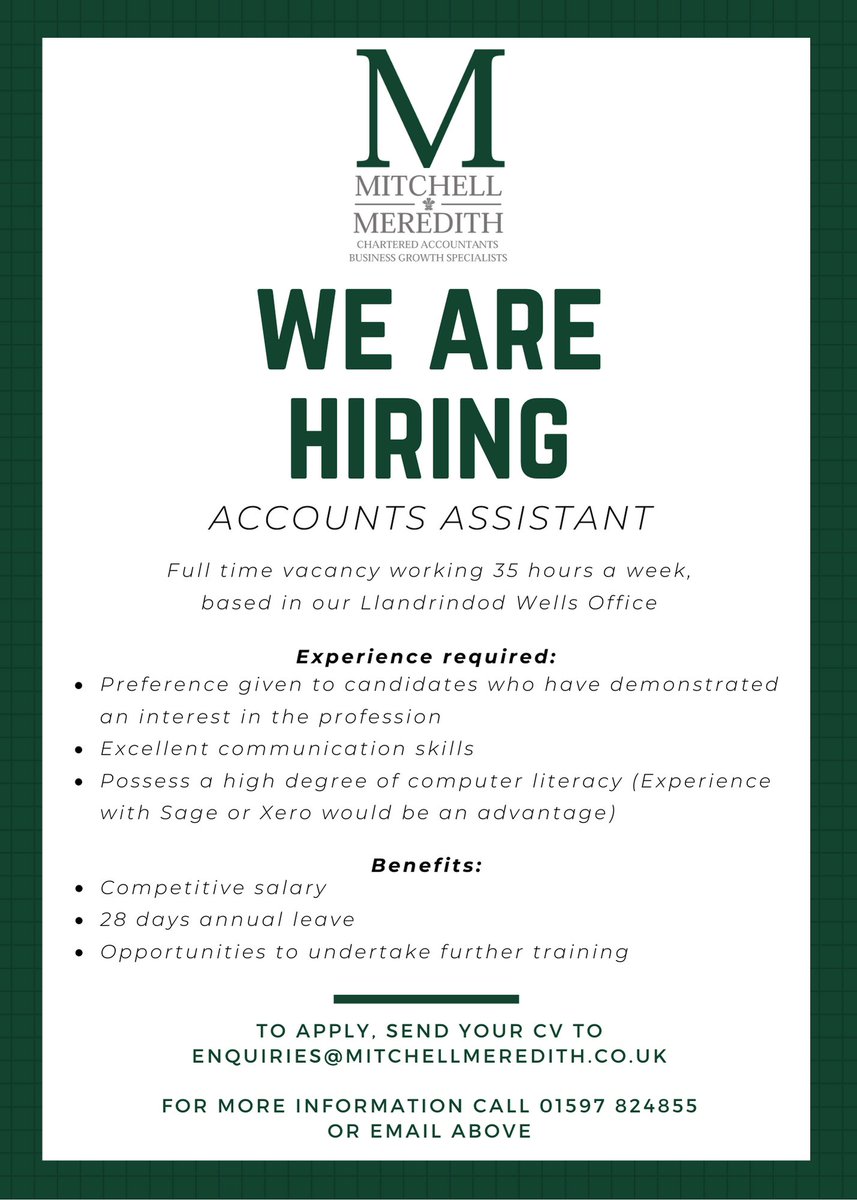 WE ARE HIRING! We are looking for a Accounts Assistant to join us at our Llandrindod Office. Closing date for applications is 10th October. For more information visit - buff.ly/3r2uMua