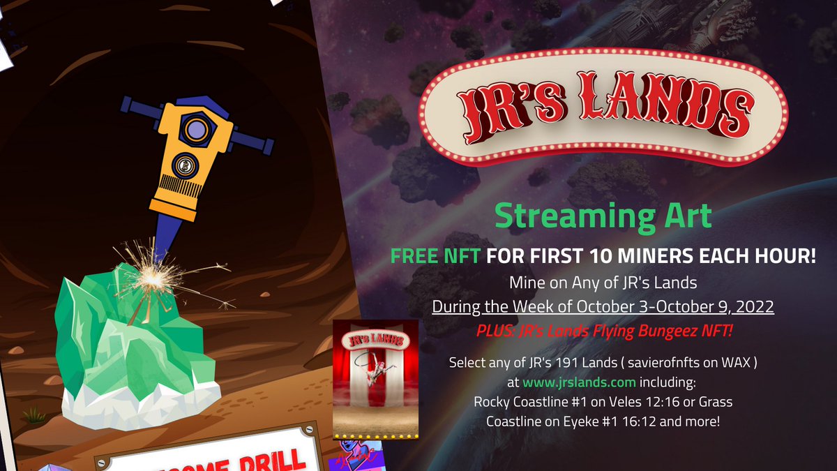 🔆It's always a party on JR's Lands in <a href="/AlienWorlds/">Alien Worlds Official</a>!

⚡️First 10 miners each hour (UTC) get:

🎨Streaming Art NFT 
🎪Flying Bungeez NFT
 
#game #players #web3 #Metaverse #Events

jrslands.com