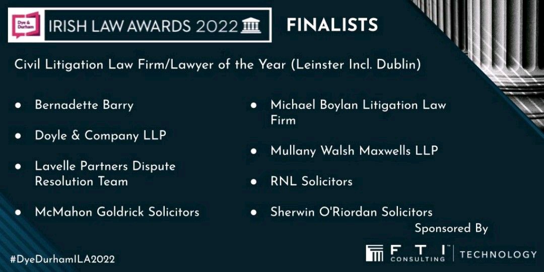 MullanyWalsh's tweet photo. We at @MullanyWalsh are delighted to be nominated as finalists for the Litigation Law Team of the Year with @IrishLawAwards and sponsored by @FTI_EMEA  Congratulations to @loughnane_m and all other finalists in this category #dyedurhamILA2022 https://t.co/wekeeyYN66