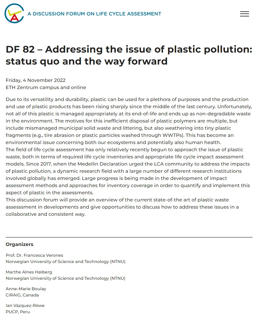 &gt; #plasticpollution: status quo and the way forward &lt;

Do not miss the upcoming #LifeCycleAssessment Discussion Forum on this topic!

📍 Zürich and online.
🗓️ 4 November
🔗 lca-forum.ch
 Registration: bit.ly/3fBT9xj 
<a href="/FrancescaVero20/">Francesca Verones</a> <a href="/IanVzquezRowe/">Ian VR</a> <a href="/amboulay/">Anne-Marie Boulay</a>