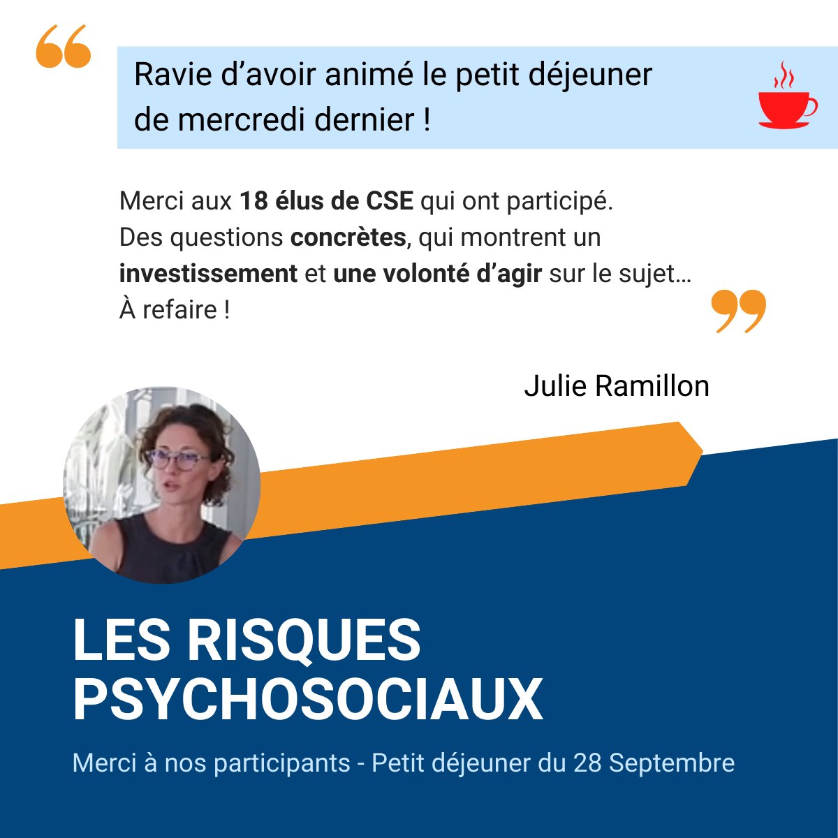 ☕Mercredi dernier Julie Ramillon, experte agréée par le Ministère du Travail en Santé au travail depuis 2010, a mené sa première discussion autour de la contribution à la prévention des risques psychosociaux en entreprise.

#petitdejoffert #smc #ce #cse #entreprise