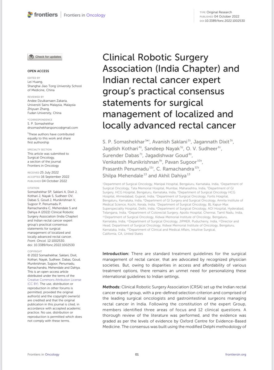 somusp9's tweet photo. Happy to share first print : just published Clinical Robotic Surgery Association (India Chapter) and Indian rectal cancer expert group’s practical consensus statements for surgical management of localized and locally advanced rectal cancer https://t.co/qaHIzpJQH2