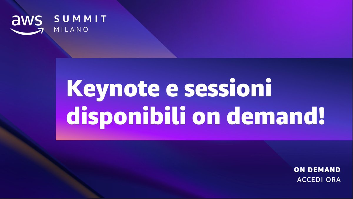 ☁️ Sei interessato/a a approfondire gli argomenti e i servizi presentati a AWS Summit Milano? Adesso puoi rivedere la Keynote e una selezione di sessioni accedendo alla pagina On Demand! 🔗 bit.ly/3ycfI22 bit.ly/3e1I8VI