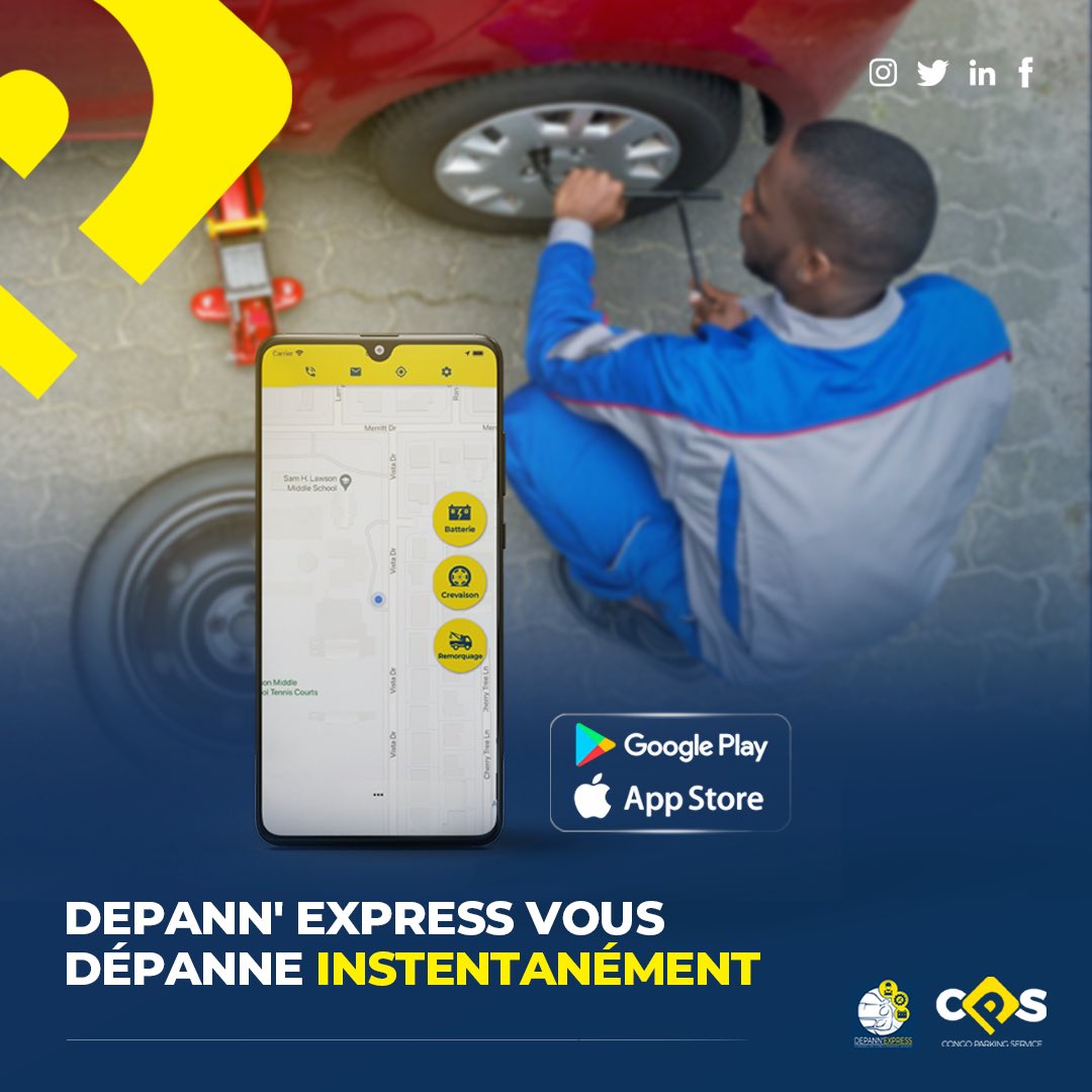 CongoParking's tweet photo. La panne vous surprend en chemin ?
Pas de souci ! contactez CPS grâce à l'Application Depann'Express.

Cliquez sur ce lien pour télécharger l'Application
➡️ https://t.co/Q4n2bv6o8L 

#DepannExpress #PanneRoutière #ApplicationMobile https://t.co/ZdEtJ0XawU