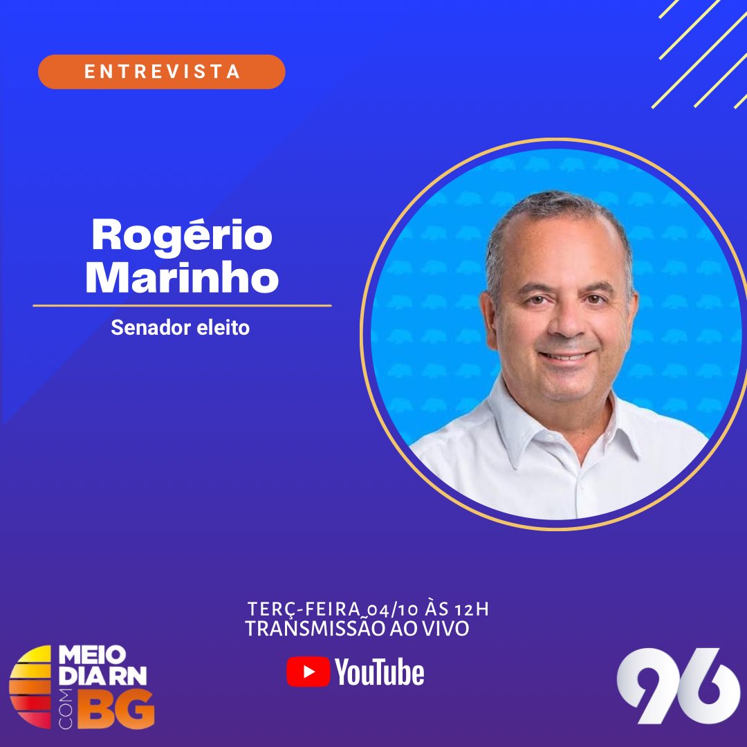 Entrevistado de hoje, será o Senador eleito, Rogério Marinho. 

▶️ Participe do programa através do WhatsApp do Meio-Dia RN: +55 84 99212-2276. 

Acompanhe o Meio-Dia RN no canal da 96 FM no YouTube ▶️ youtube.com/96fmnatal