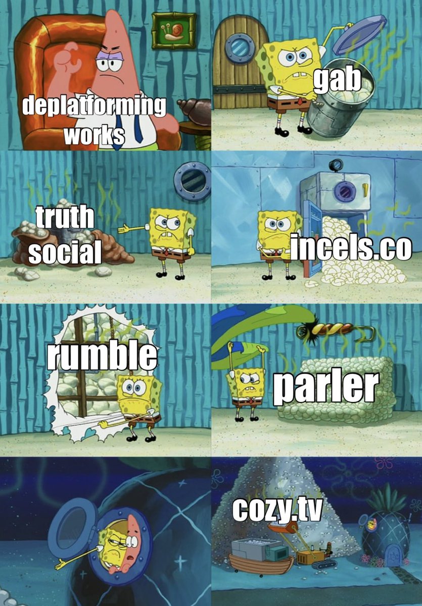 socdarling's tweet image. deplatforming removes problematic actors from where WE can see them but pushes them to where their radicalism &amp;amp; toxicity grows unchecked and unchallenged. these people don’t just disappear. the more people who are kicked off mainstream platforms the more alt platforms will grow.