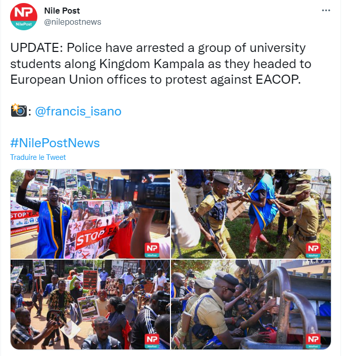 .<a href="/EmmanuelMacron/">Emmanuel Macron</a> <a href="/EUinUG/">EU in Uganda</a> <a href="/FrenchEmbassyUg/">France in Uganda 🇫🇷🇺🇬</a> agissez !

🚨 Des manifestants contre le projet EACOP ont été arrêtés en Ouganda ! 
📣Nous demandons leur libération. 

Les opposants au projet en Ouganda sont régulièrement menacés, arrêtés, et réduits au silence #StopEacop