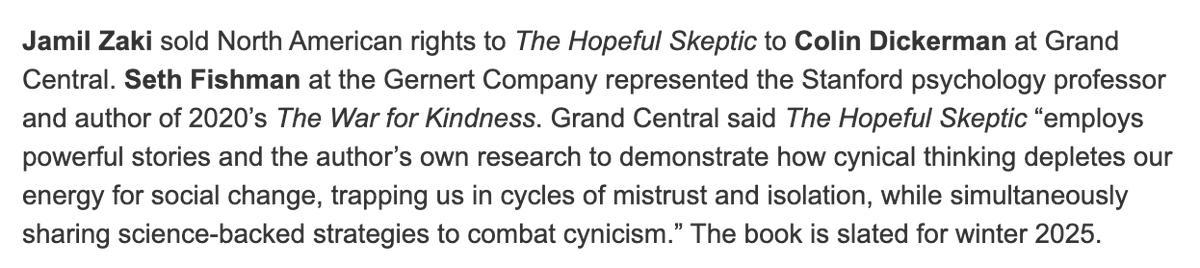 I'm overjoyed to announce I'm working on a new book! THE HOPEFUL SKEPTIC will examine why people are steadily losing faith in each other, what that's doing to us, and what we can do about it. 1/