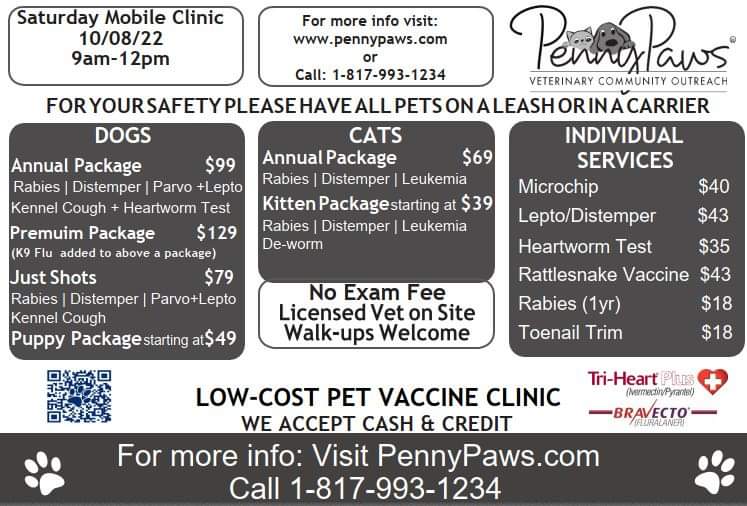 Happening this Saturday in the animal shelter parking lot! A low-cost way to keep your pets healthy by keeping them current on their preventive shots. Contact PennyPaws for more info!
