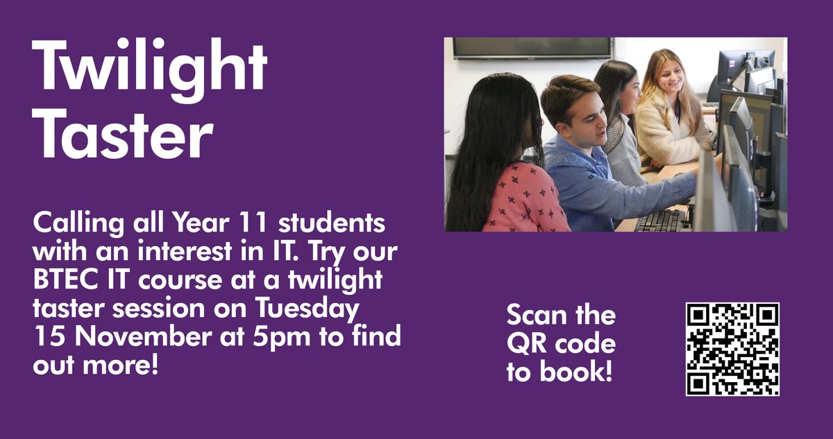 solihull6thform's tweet photo. Sign up for a Twilight Taster session in BTEC IT. Try this exciting BTEC course before making an application and make sure it’s right for you! The taster takes place on Tuesday 15 November (5.00 – 5.50pm). Sign up at https://t.co/WmQ4ON6RbX. https://t.co/wREQqJjDZM