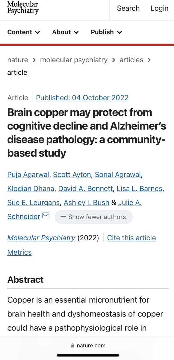 Just published- high brain copper levels associated with slower cognitive decline and less AD pathology. Dietary copper not related to brain copper but may slow cognitive decline @rushalzheimers @TheFlorey collaboration