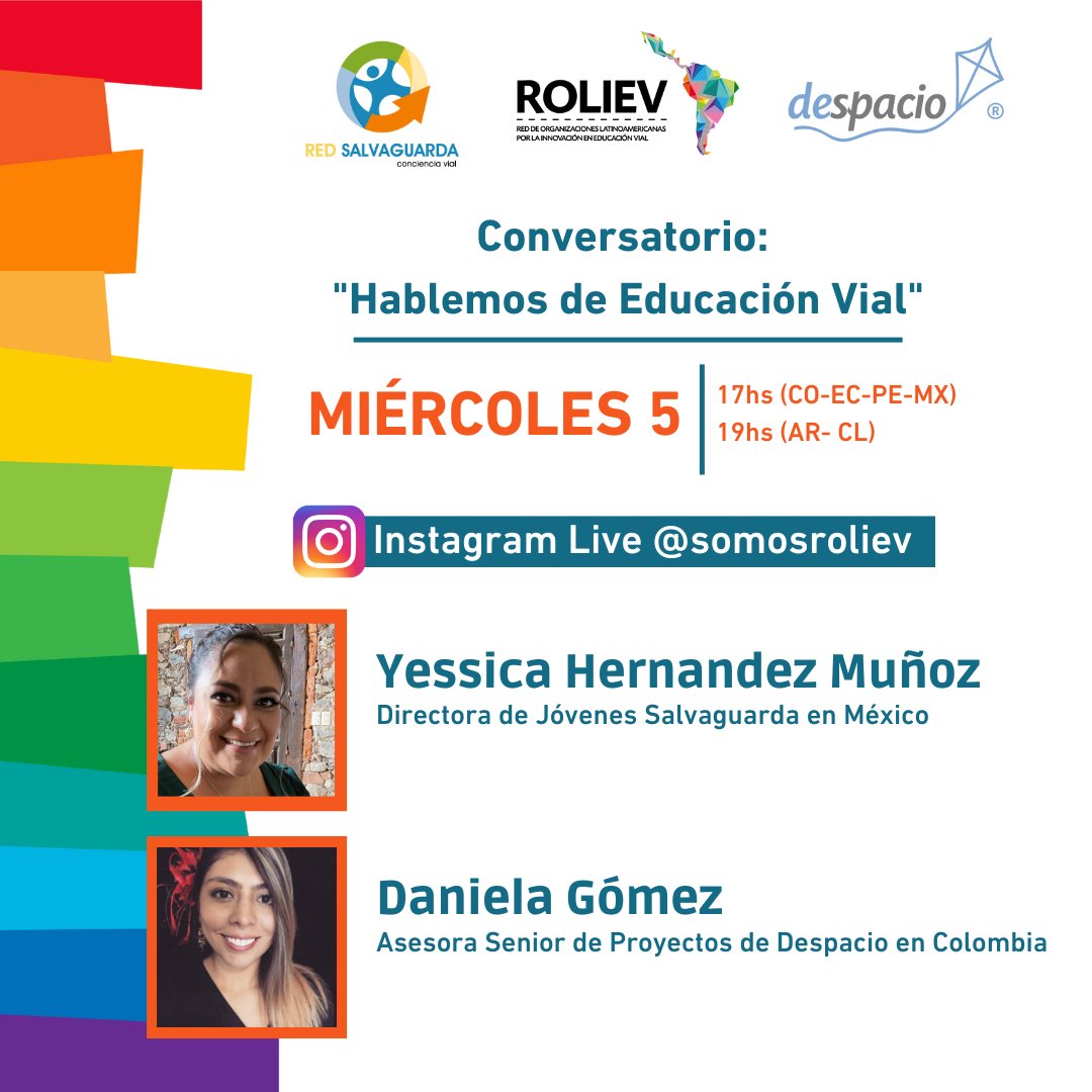 Instagram Live: "Hablemos de Educación Vial" en el marco del Día Internacional de los Caminos y la Educación Vial.

🗓Miércoles 5 de octubre en instagram.com/somosroliev/

📌Junto a Yessica Hernández de <a href="/JSalvaguarda/">Jóvenes Salvaguarda</a>  en México y Daniela Gómez de <a href="/despacio_org/">Despacio</a>  en Colombia.