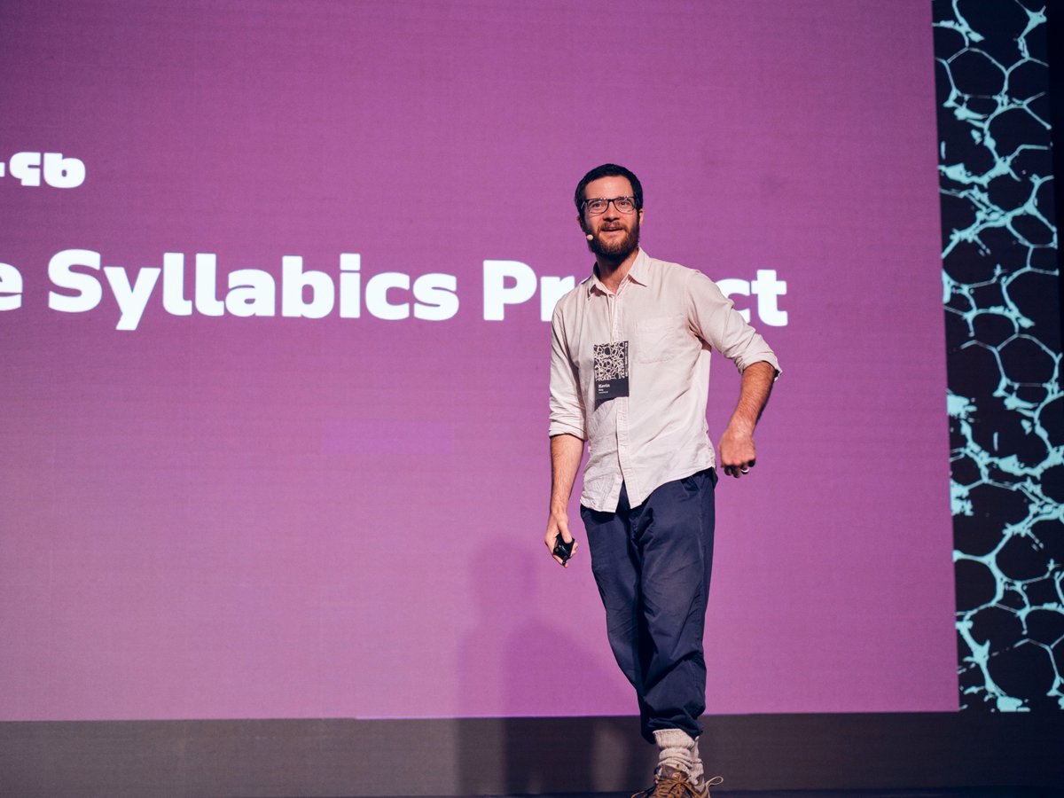 designmattersdk's tweet photo. @calligraphio Kevin King's talk explored the Typotheque Syllabics Project, building relationships with Syllabic-using indigenous communities in Canada, contributing to reforming the text standardization for the Unified Canadian Syllabics in the Unicode Standard #DecolonizeDesign https://t.co/ZZP2XTAv3s