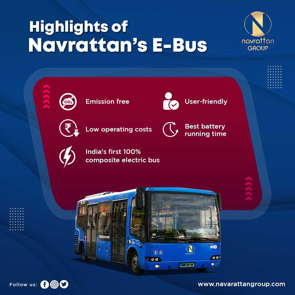 Did you check out India’s very first 100% composite electric bus? Zoom in and read its key features. #navrattangroup #electricbus #saveenergy #savenvironment #publictransportation #greenbus
