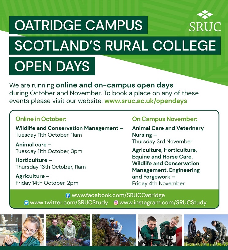 Interested in applying to <a href="/SRUC/">SRUC</a> Oatridge?

Online and on-campus open days are being run during October and November.

Book your place here 👉sruc.ac.uk/opendays