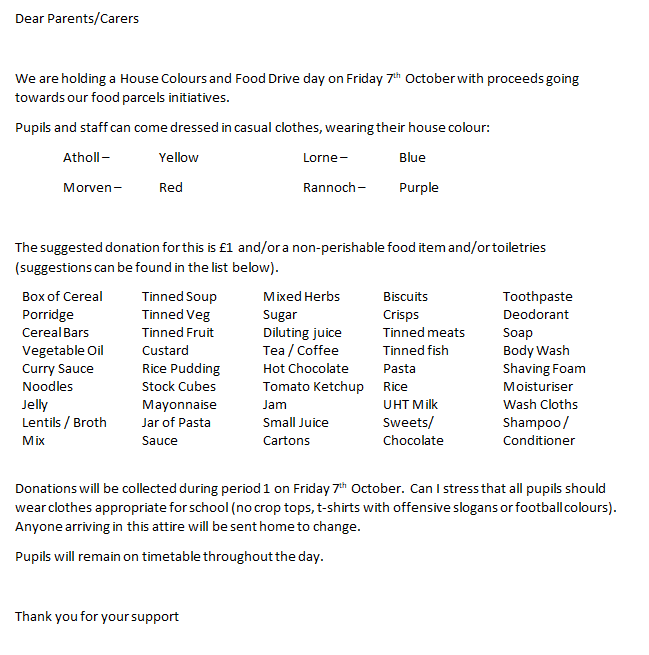 MissYoung_PE's tweet photo. It's Dress Down Day on Friday! Please see below a letter to parents/carers re donations and key information.
@braidhurst
#wearyourhousecolour #nonuniformday #teamLORNE https://t.co/42x5MiZLEc