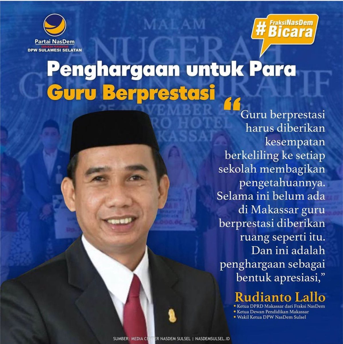 DPD_NasdemMaros's tweet photo. Penghargaan untuk Para Guru Berprestasi
@NasDem
@NasDem_Sulsel77
#NasDemBersamaRakyat
#NasDemSulawesiSelatan
#Rusdimasse
#NasdemPeduli https://t.co/TgCYon0wUq