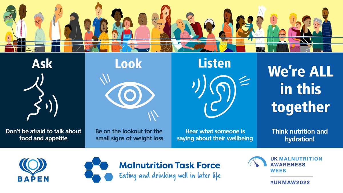 BAPENUK's tweet photo. UKMAW's message is that everybody must work together to help identify those at risk of malnutrition. It is easier to manage malnutrition when it is spotted earlier, so help us spread the importance of keeping nutrition at the forefront of minds, and #AskLookListen this #UKMAW2022 https://t.co/OydrnQ0VSh