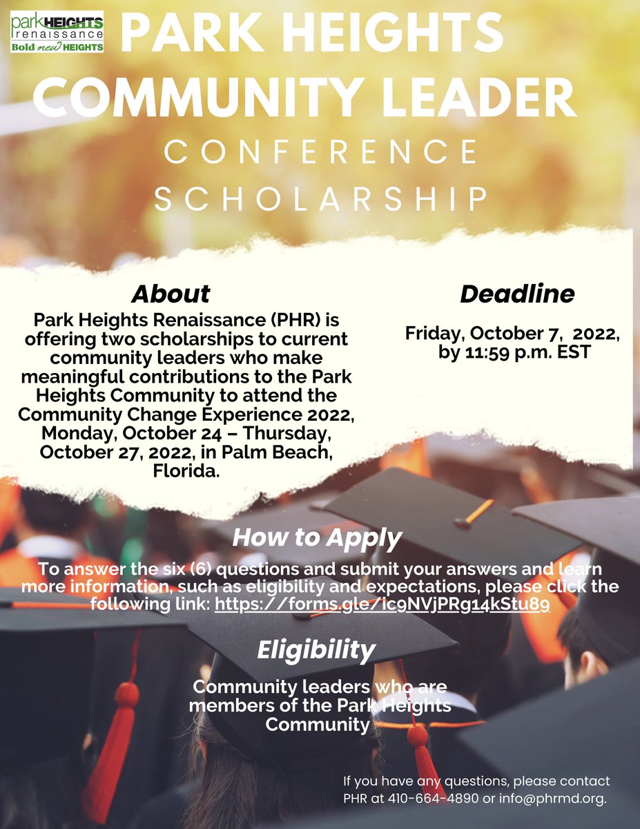 PHRenaissance's tweet photo. Park Heights Community Leader Conference Scholarship for the Community Change Experience 2022.Applications are OPEN. Deadline Oct 7th 2022! - https://t.co/zzPjQqleIj https://t.co/PrZ9HxhgGd