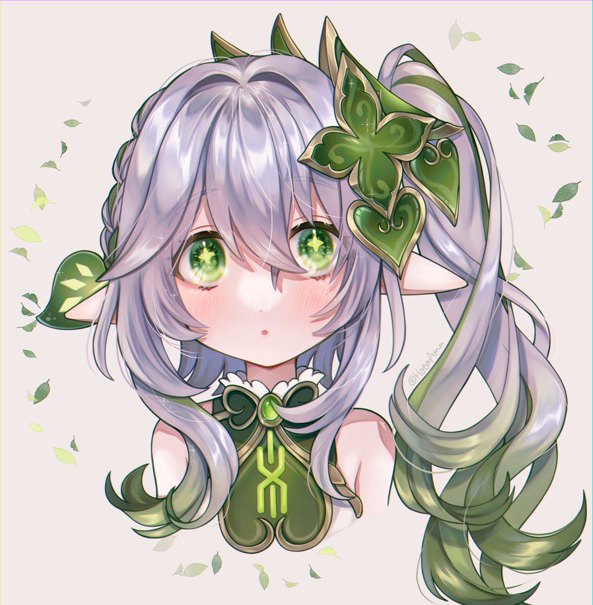 nahida (genshin impact) 1girl pointy ears solo side ponytail green eyes symbol-shaped pupils hair ornament  illustration images