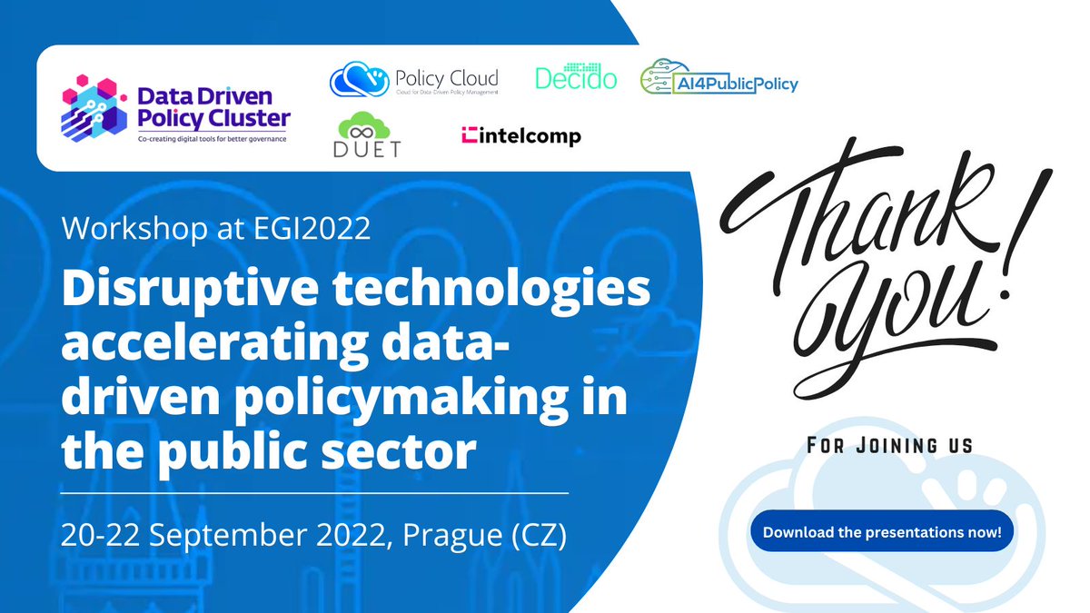 PolicyCloudEU's tweet photo. Thank you for joining the Data Driven Policy Cluster Workshop at the #EGI2022
The presentations are now available! Download a copy now & learn more about the #policy cluster of projects & disruptive #technologies they develop for the #PublicSector 👉 https://t.co/VIjtGGWMQF https://t.co/OYj7FrhBWB