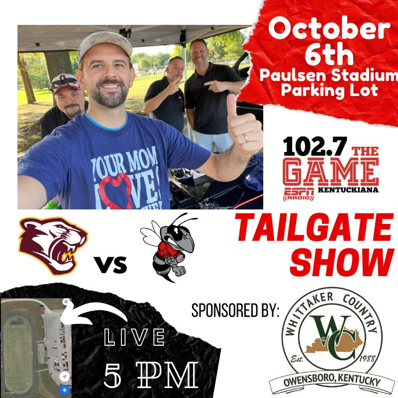 1027TheGame's tweet photo. Join the guys for the #LA5OWB Tailgate show BTYB Whittaker Country as they guys are LIVE from Paulsen Stadium parking lot at McLean County High School for the big district showdown between the Cougars and Hancock County!
📅 October 6th
⏰ 5pm
📻 102.7 fm https://t.co/fPS97S5uMT