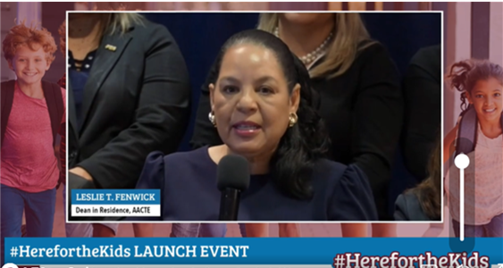 AACTE's tweet photo. AACTE's dean in residence Leslie T. Fenwick  @ltfenwick references President Johnson’s speech regarding his goals to help children achieve equity in education at the launch of #Hereforthekids at the National Press Club in Washington, DC, via the livestream @LearningFirst. https://t.co/eKd3Ib1Yy3