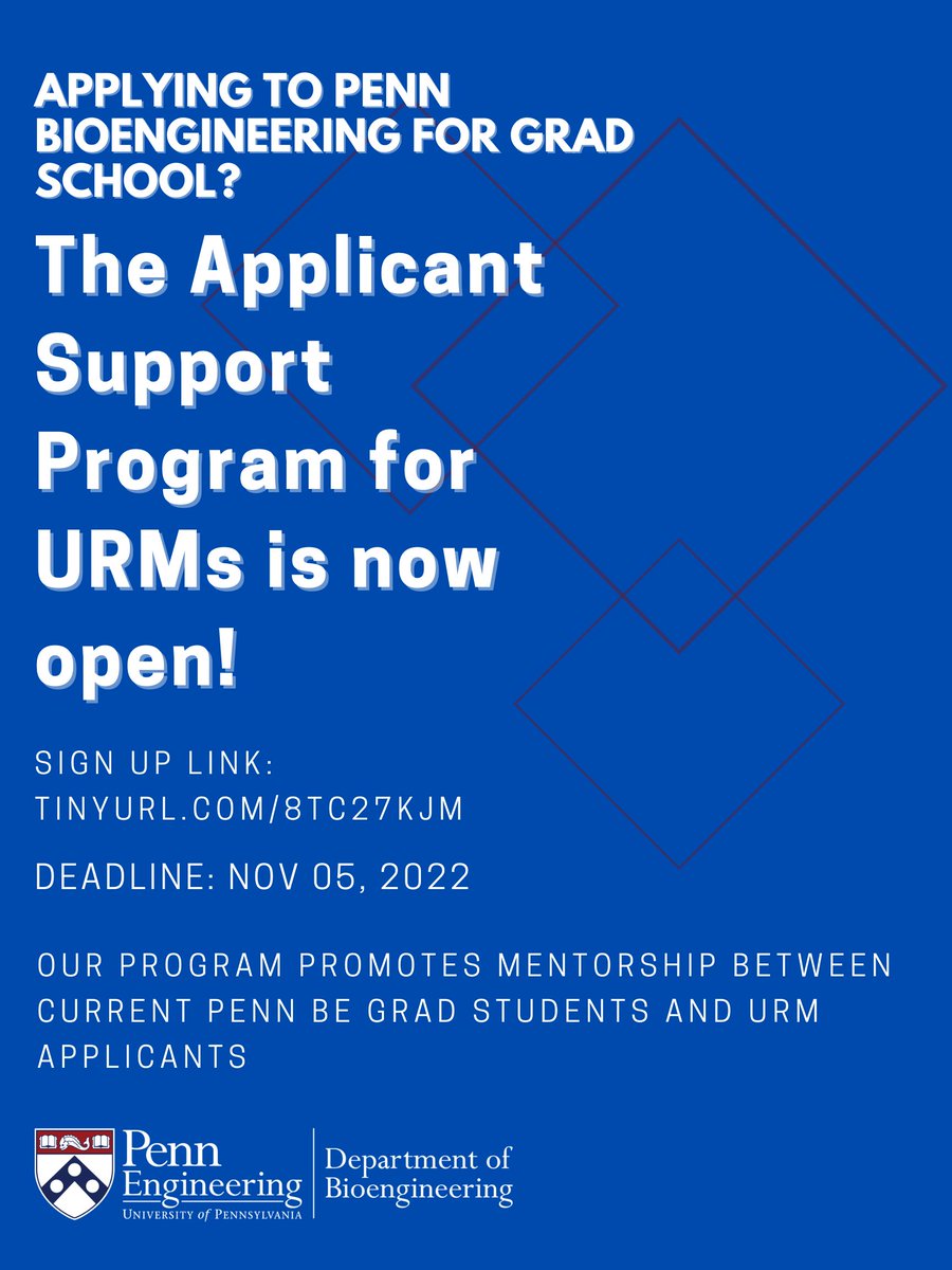 Are you planning to apply to #PennBioengineering for grad school? Check out our Applicant Support Program for URM students. The deadline to apply is November 5, 2022. @PennGABE @PennGradCenter @PennEngineers #BioEngineering #BioMedicalEngineering #DEI tinyurl.com/8TC27KJM