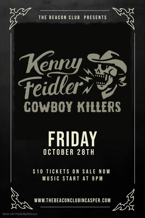 TheBeaconClub1's tweet photo. FRIDAY OCT 28th KENNY FEIDLER will be Sneakin’ to the Beacon! Buy your tickets now! Don’t miss out on a fun night! #sneakintothebeacon #wherethecowboysgosneakin #casperwyoming #countrymusic #livemusic #kennyfeidler #cowboykillers https://t.co/yPxvnkPYlB