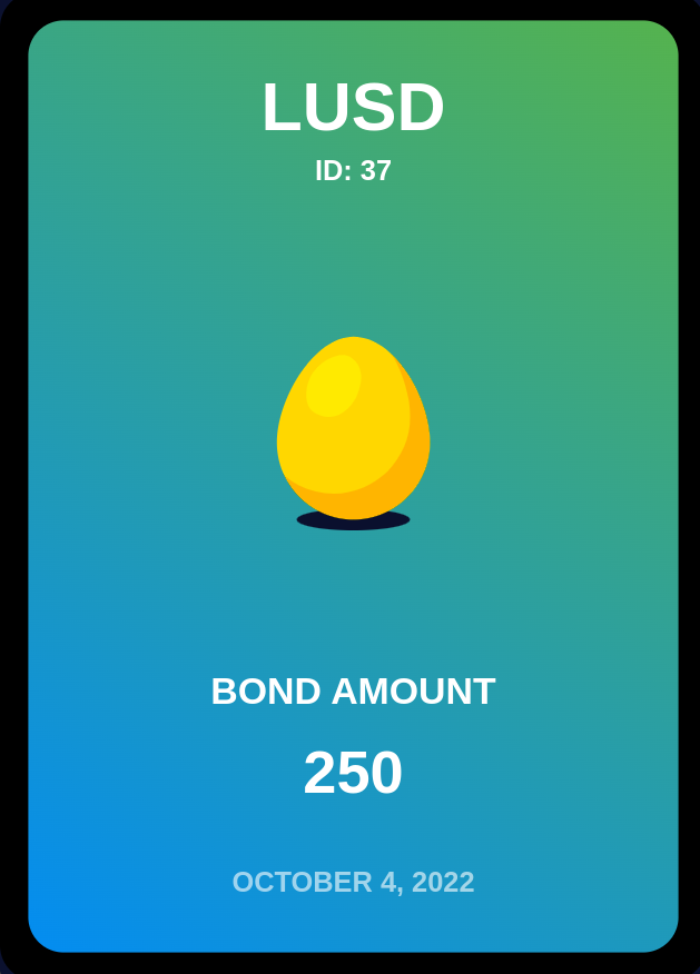 I got lucky with one of the <a href="/ChickenBonds/">Chicken Bonds (🥚, 🐔)</a> I created on my ENS with a gold egg 😍

So let's have some fun: putting it as a #giveaway: 
1 winner drawn amongst people who like + RT in 48h

The winner can Chicken Out to get the 250 $LUSD bonded

Good luck 🎲

opensea.io/assets/ethereu…