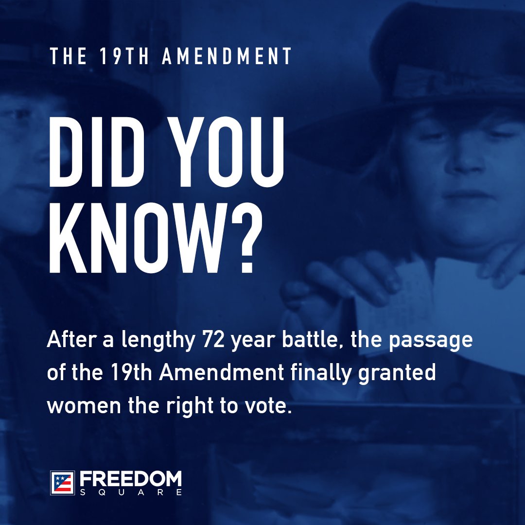 FreedomSquareUS's tweet photo. After a lengthy 72-year battle, the passage of the 19th Amendment finally granted women the right to vote.
#FreedomLivesHere #freedomsquare #freedomtovote #america #wethepeople #freetovote #vote https://t.co/bpomFkVjMD