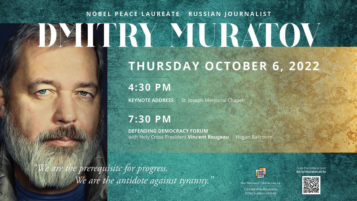 hc_mcfarland's tweet photo. Dmitry Muratov, a Russian journalist, fierce defender of freedom of expression, and winner of the 2021 #NobelPeacePrize, will visit @holy_cross for two very special events Thursday, October 6. Join us: https://t.co/Lc6eclBP8R https://t.co/3XlClMxULH