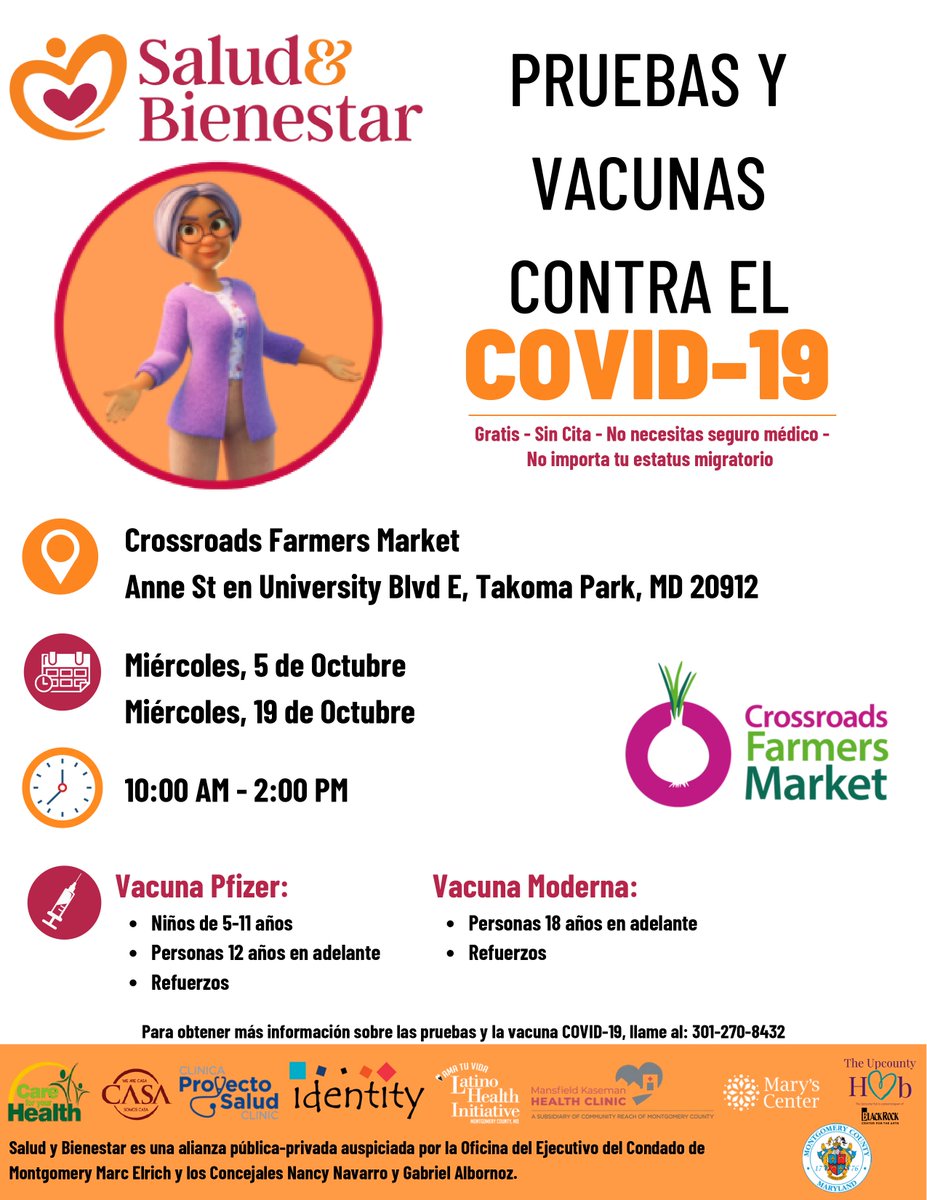 TOMORROW: COVID-19 Vaccines at Crossroads - mailchi.mp/196c29b6f5d2/s…  Salud &amp; Bienestar will provide both Pfizer and Moderna Vaccines and Boosters — no appointment and no health insurance necessary. They will be back on 10/19, as well 11/2 and 11/16. Join us, 10:30am-2:30pm!