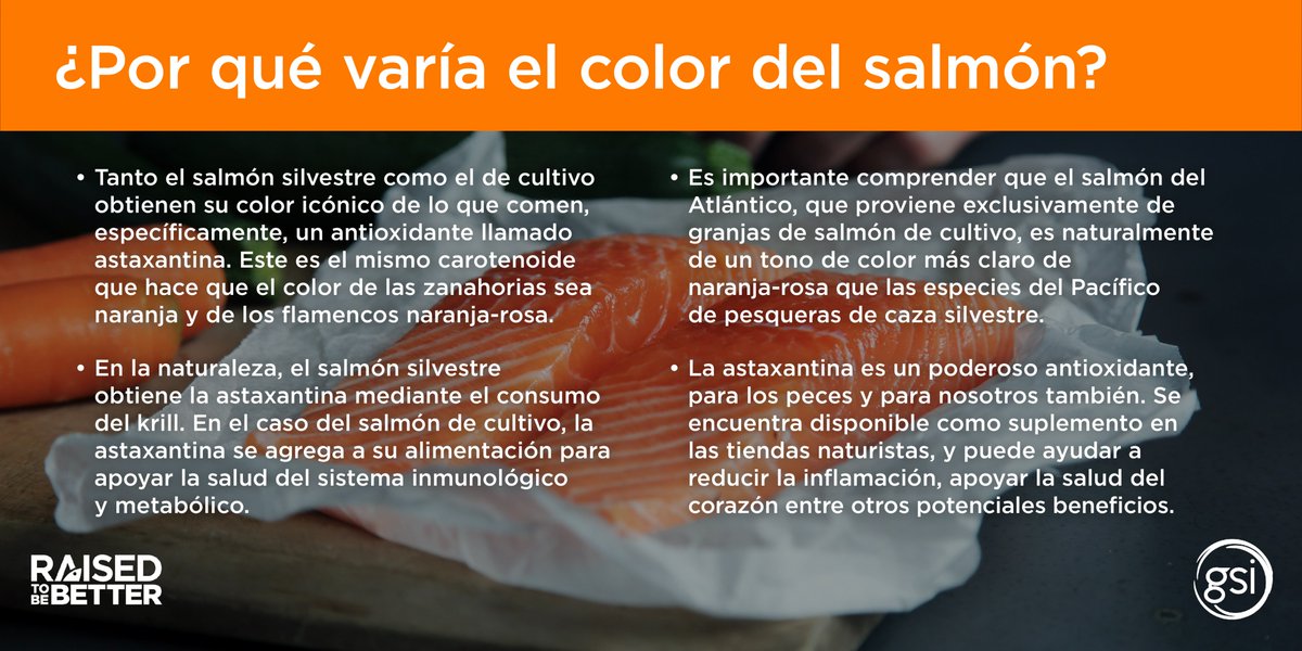 ¿Qué causa que el color del salmón tenga tonos rosa anaranjados? 
1. El tipo de salmón (Atlántico=tonos más suaves)
2. Los alimentos que comen, ya sea krill (silvestre) o la inclusión de astaxantina, un antioxidante incluido en su dieta. 
globalsalmoninitiative.org/en/resources/f…