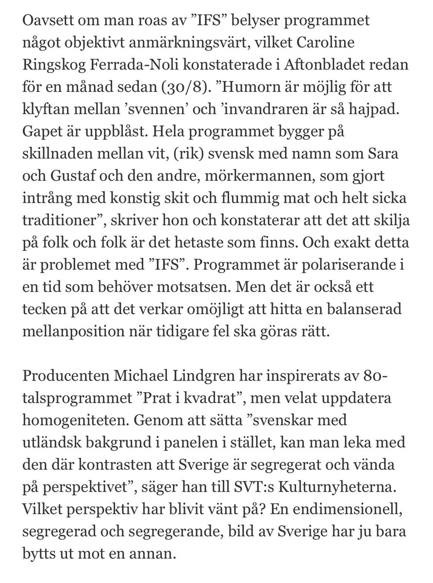 DN tycker att gameshowen IFS ”belyser något objektivt anmärkningsvärt”, och på det viset… förvärrar segregationen? <a href="/VesnaPrekopic/">Vesna Prekopic</a>