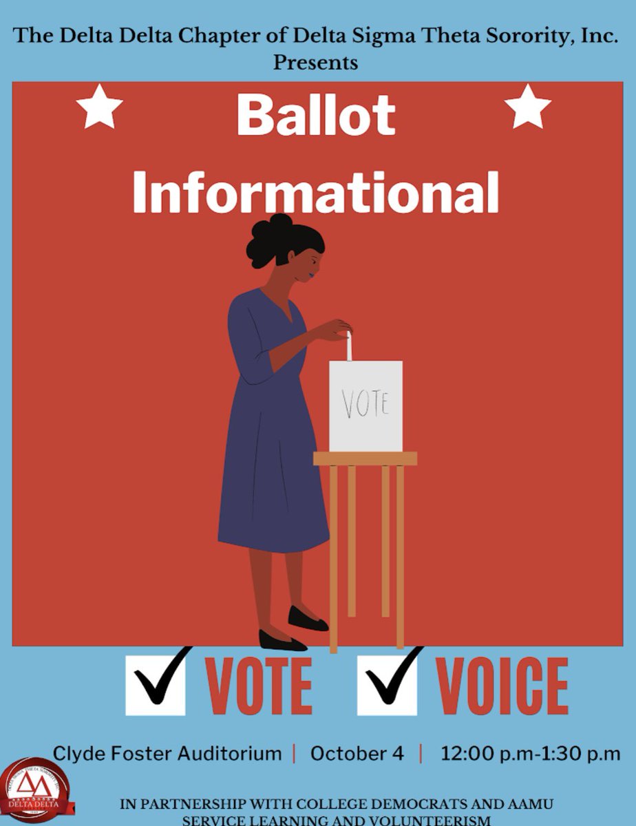 DeltaDelta_DST's tweet photo. Join The Delta Delta Chapter of Delta Sigma Theta Sorority, Incorporated TODAY for a ballot informational session to receive the most beneficial information needed for the upcoming election! https://t.co/P1KV4S59h6