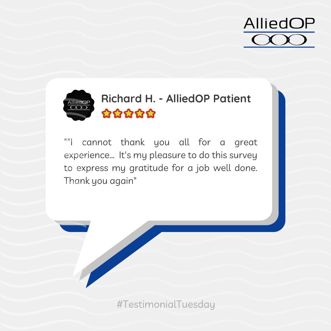 Allied_OP's tweet photo. This #TestimonialTuesday we are thankful for AlliedOP patient Richard🌟

Richard couldn’t be happier with his experience with us. Thanks for allowing us to be apart of your journey💙

Are you a satisfied AlliedOP patient? Leave us a review on Facebook or google! https://t.co/obt9jMzuwB