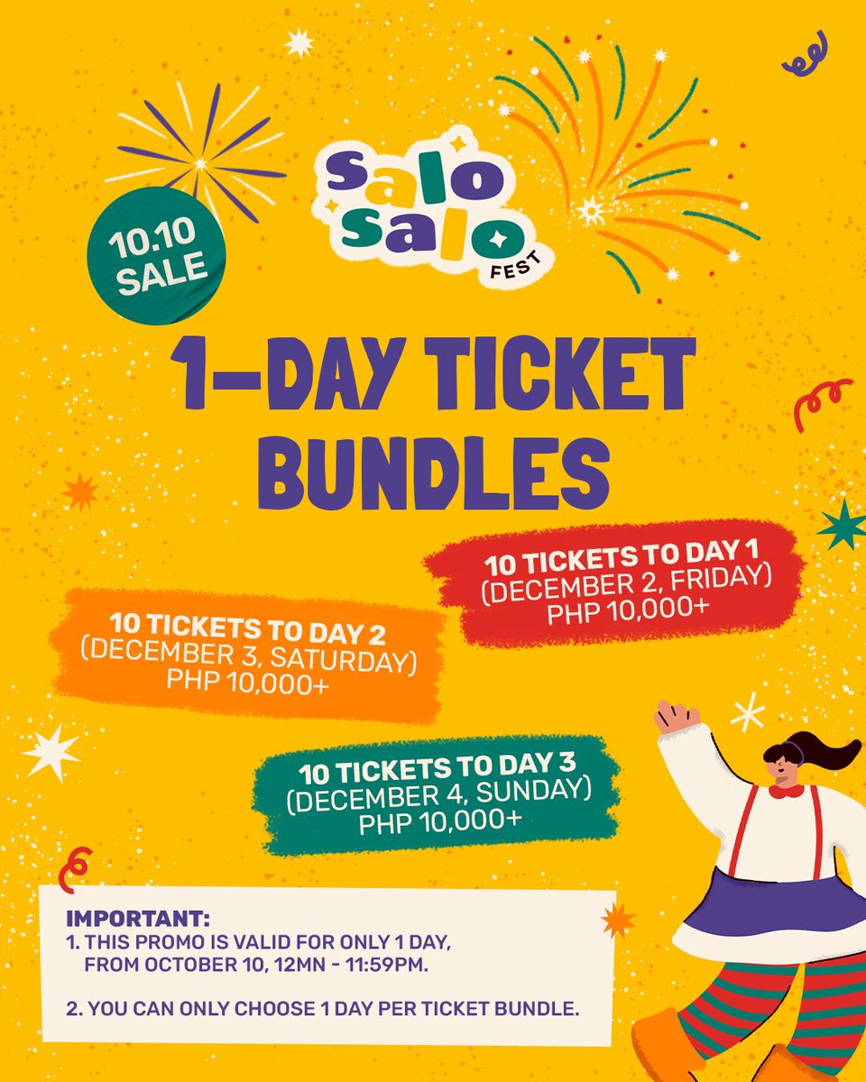 salosalofest's tweet photo. GET TEN (10) TICKETS FOR ONLY PHP 10,000 ✨

Set your alarms for 10.10 &amp; head over to https://t.co/Lg9Mhyh15B (all #salosalofest tickets come with unlimited rides! 🎡)

*Promo is only valid for for 1 DAY passes of the same day https://t.co/dQd1qbSwqp