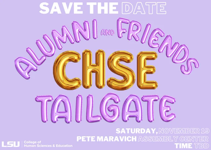 Purple and gold CHSE Tailgate graphic with balloon letters